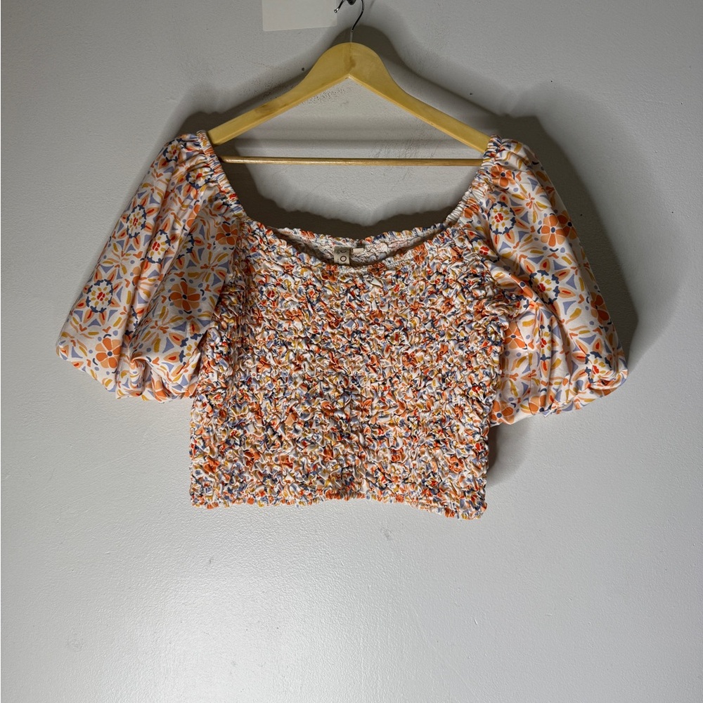 Dolan Off The Shoulder Puff Sleeve Smocked Top Orange Floral XL